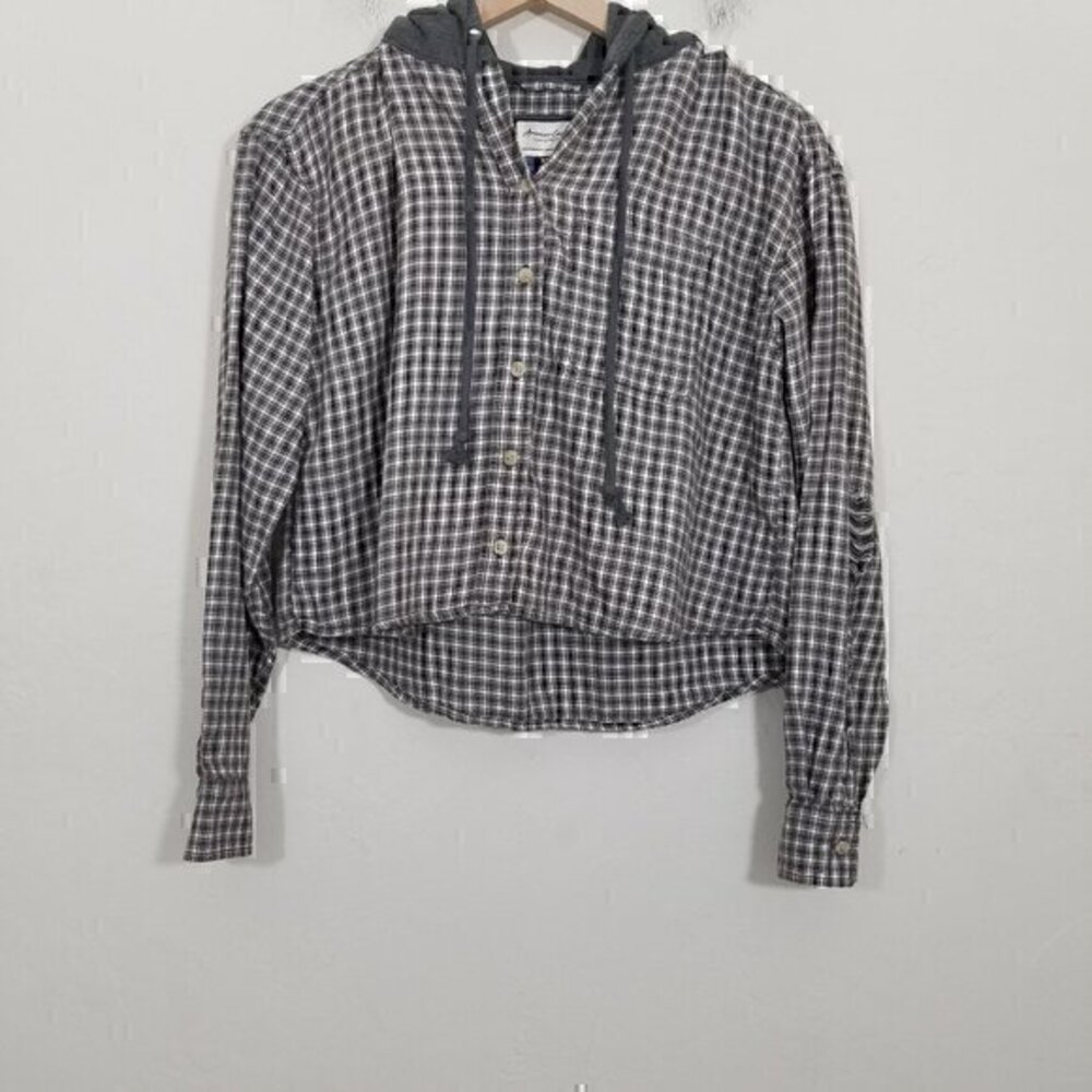 NWT American Eagle Hooded Flannel Button Down Distressed Long Sleeves Shirts XS